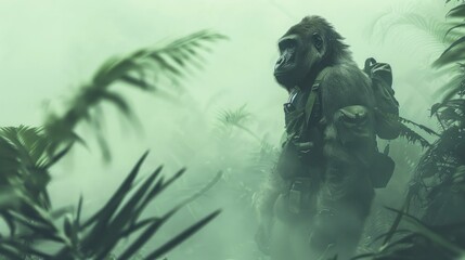 Guardian Gorilla in Defender's Gear, watching over with a misty rainforest silhouette background. - obrazy, fototapety, plakaty