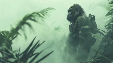 Foto op Plexiglas Guardian Gorilla in Defender's Gear, watching over with a misty rainforest silhouette background. © Kanisorn