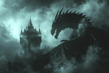 A majestic Guardian Dragon in shimmering armor stands tall against a backdrop of a castle tower's silhouette. - obrazy, fototapety, plakaty