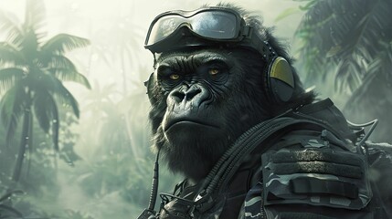 A vigilant Guardian Gorilla clad in Defender's Gear stands watch against a misty rainforest backdrop. - obrazy, fototapety, plakaty