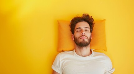 Top above high angle view photo portrait of satisfied man sleeping on pillow isolated on pastel...