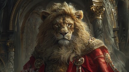 The noble lion exuded regal elegance against a gothic backdrop, striking a majestic pose in its nobleman's attire.