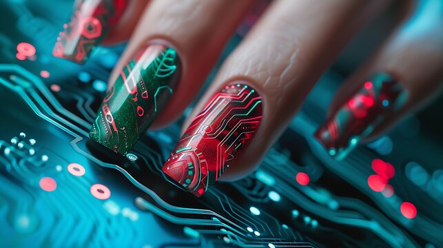 an image of a female hand showcasing an intricate red and green nail design created by generative AI technology