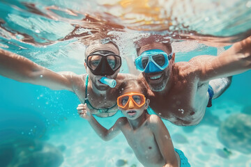father, mother, child in snorkeling mask dive underwater with tropical fishes in coral reef sea pool