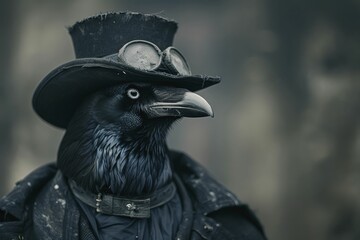 Fototapeta premium A haunting sight: the Raven, masked as a Plague Doctor, perches in silence against a dark backdrop.