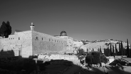 Al-Aqsa Mosque And Ancient Cemetery In Monochrome, Historical Landmark Under Clear Skies