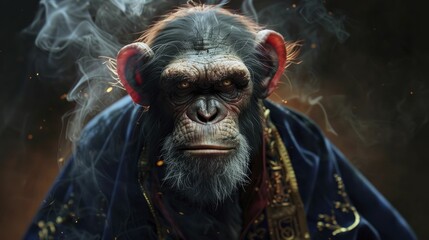 Nimble Monkey in a Magician's Cape, casting illusions with a dark background. - obrazy, fototapety, plakaty