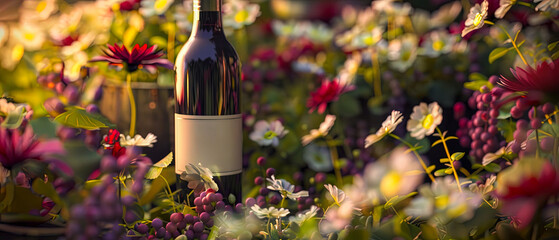 A bottle of wine on a table next to a bunch of flowers. Concept of abundance and celebration - obrazy, fototapety, plakaty