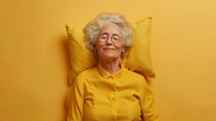 Elderly woman sleeping on pillow isolated on pastel yellow colored background Sleep deeply...