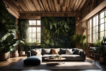 A nature-inspired living room with a seamless wall mockup, bringing the outdoors inside with botanical elements. - obrazy, fototapety, plakaty