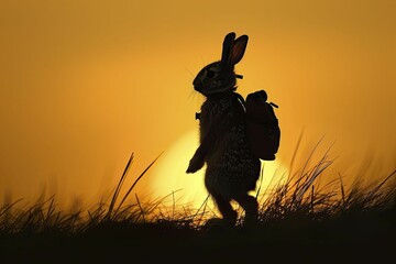 As dusk fell, the nimble rabbit in its explorer's attire ventured into the unknown, against the backdrop of a mysterious silhouette. - obrazy, fototapety, plakaty
