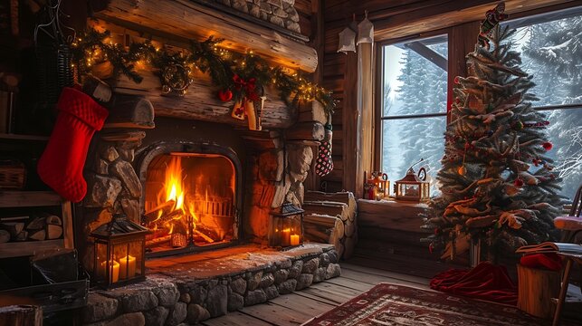 an image of a fireplace in a rustic wooden log cabin nestled in a snow-covered forest, adorned with festive decorations and a warm, crackling fire
