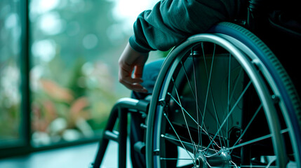 Obraz premium Contemplative Person in Wheelchair Facing Window with Lush Greenery