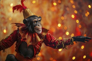 Playful Monkey in a Jester's Costume, entertaining with a festival silhouette background. - obrazy, fototapety, plakaty