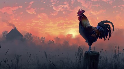 A regal rooster adorned in noble garb heralds the dawn against a rustic farmhouse backdrop. - obrazy, fototapety, plakaty