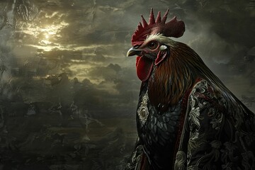 Proud Rooster in a Duke's Finery, crowing at dawn with a gothic background. - obrazy, fototapety, plakaty