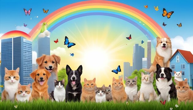 National pet day theme along with cute animals including dogs cats parrots and other birds along with grass trees blue sky sun rainbow and cute flowers  butterflies behind buildings