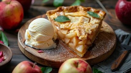 Obraz na płótnie Canvas Warm Apple Pie with Vanilla Ice Cream on Wooden Board