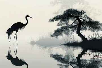 Fototapeta premium Serene Crane in Poet's Kimono, reflecting with a traditional Japanese garden silhouette background.
