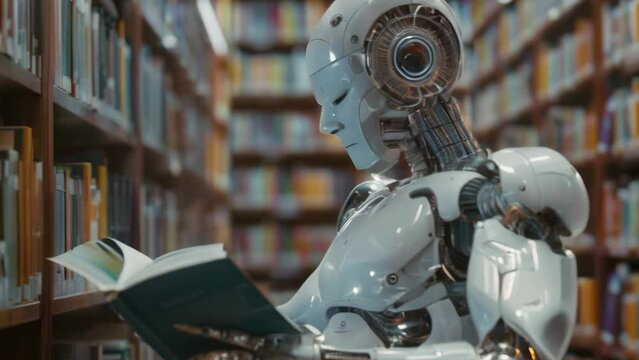 ai robot reading book in library