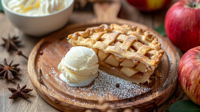Warm Apple Pie with Vanilla Ice Cream on Wooden Board
