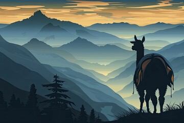 Fototapeta premium An Alpaca draped in a cloak journeys through the mountains under a shadowy pass backdrop, wandering with grace and curiosity.
