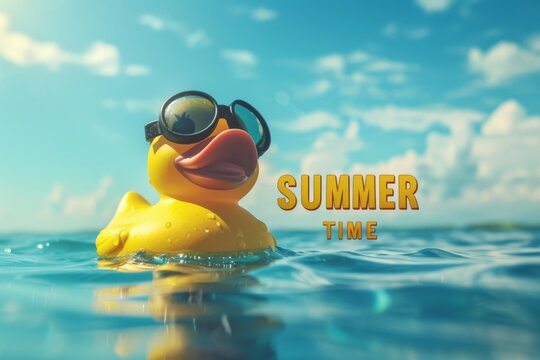 Yellow rubber duck toy floating in water. Yellow duck on the tropical beach.Summer Time. Concept travel and vacation
