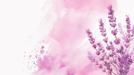 Lavender flowers on pink watercolor canvas illustration. - obrazy, fototapety, plakaty
