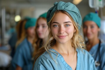 a woman in scrubs and a turban is smiling in front of a group of nurses