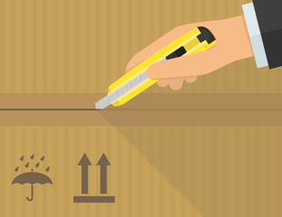 A hand opens a cardboard package with a yellow cutter in flat design style