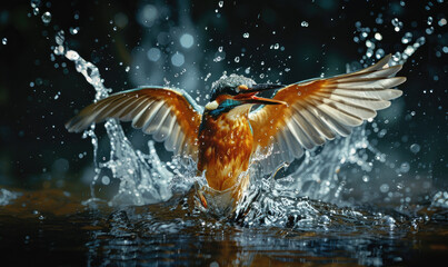 Kingfisher emerging from water with wing outstretched