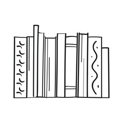 Hand drawn vector illustration. Many different books are on the shelf