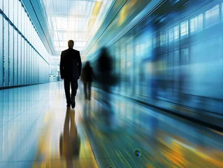 Tuinposter A man in a suit walking through a blurred, dynamic office setting, depicting hustle and corporate lifestyle. © cherezoff