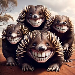 A group of four smiling echidnas in the desert.