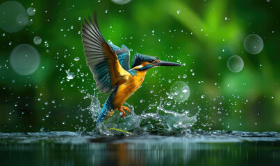 Naklejka premium Kingfisher emerging from water with wing outstretched
