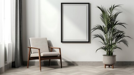 an image of a living room featuring a black mock-up picture frame, a retro armchair, and a potted plant in a stylish composition