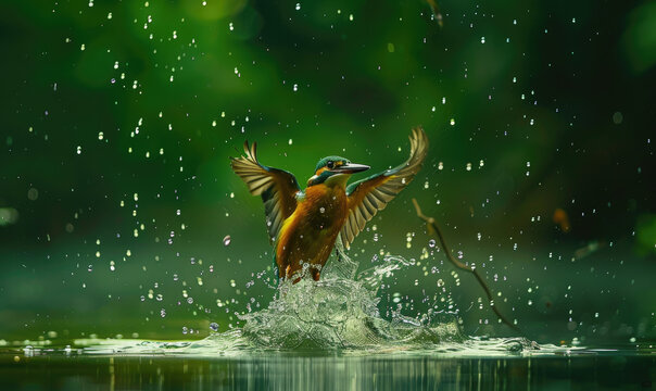 Kingfisher emerging from water with wing outstretched