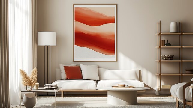 an image of a living room featuring beige tones, a shelf, and a red mockup frame with artistic elements