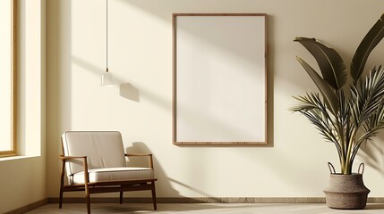 an image of a living room with a minimalist composition, showcasing a brown mock-up picture frame...