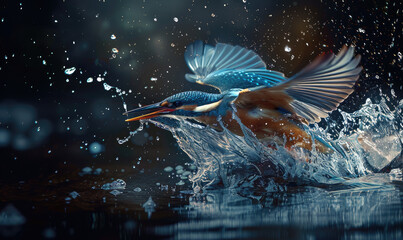 Naklejka premium Kingfisher emerging from water with wing outstretched
