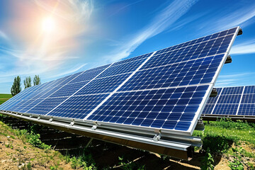 Solar panel array in a field under a bright sun