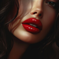 Obraz premium Beautiful young woman with bright red lipstick. Close-up portrait of a beautiful female lips.