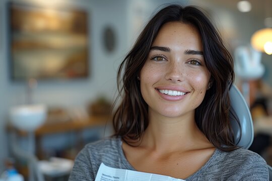 A happy woman with layered hair is smiling in a dental chair