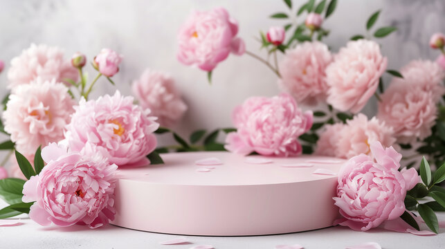 Product podium for product presentation with pink peonies around in spring pastel colors. Mockup, photo realistic, Pink Peonies Product Podium
Pastel Spring Product Presentation, Mockup for Product