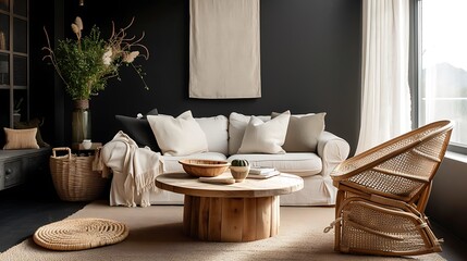 an image of a living room with a black wall, a round wooden table, a beige sofa, and an elegant rattan chair as part of the d?(C)cor