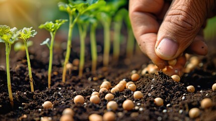 A Close-up of a hand sowing seeds in the fertile soil - obrazy, fototapety, plakaty