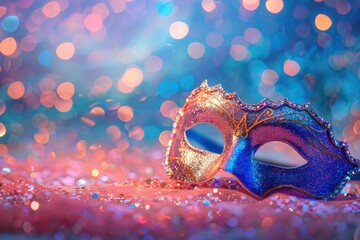 A colorful masquerade mask surrounded by glitter and festive bokeh lights