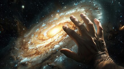 A human hand reaches out to a spiral galaxy - obrazy, fototapety, plakaty