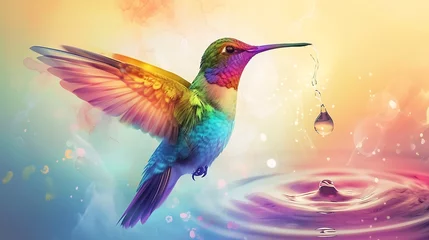 Rolgordijnen zonder boren Kolibrie an image of a rainbow-colored hummingbird with a cute demeanor, set against a backdrop with a single drop of water