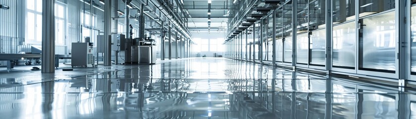 A look inside an industrial factory with a highly reflective floor